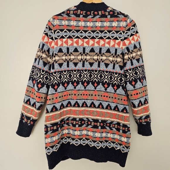LL Bean cotton ragg open front cardigan sweater fair isle nordic heavyweight L - Picture 2 of 6